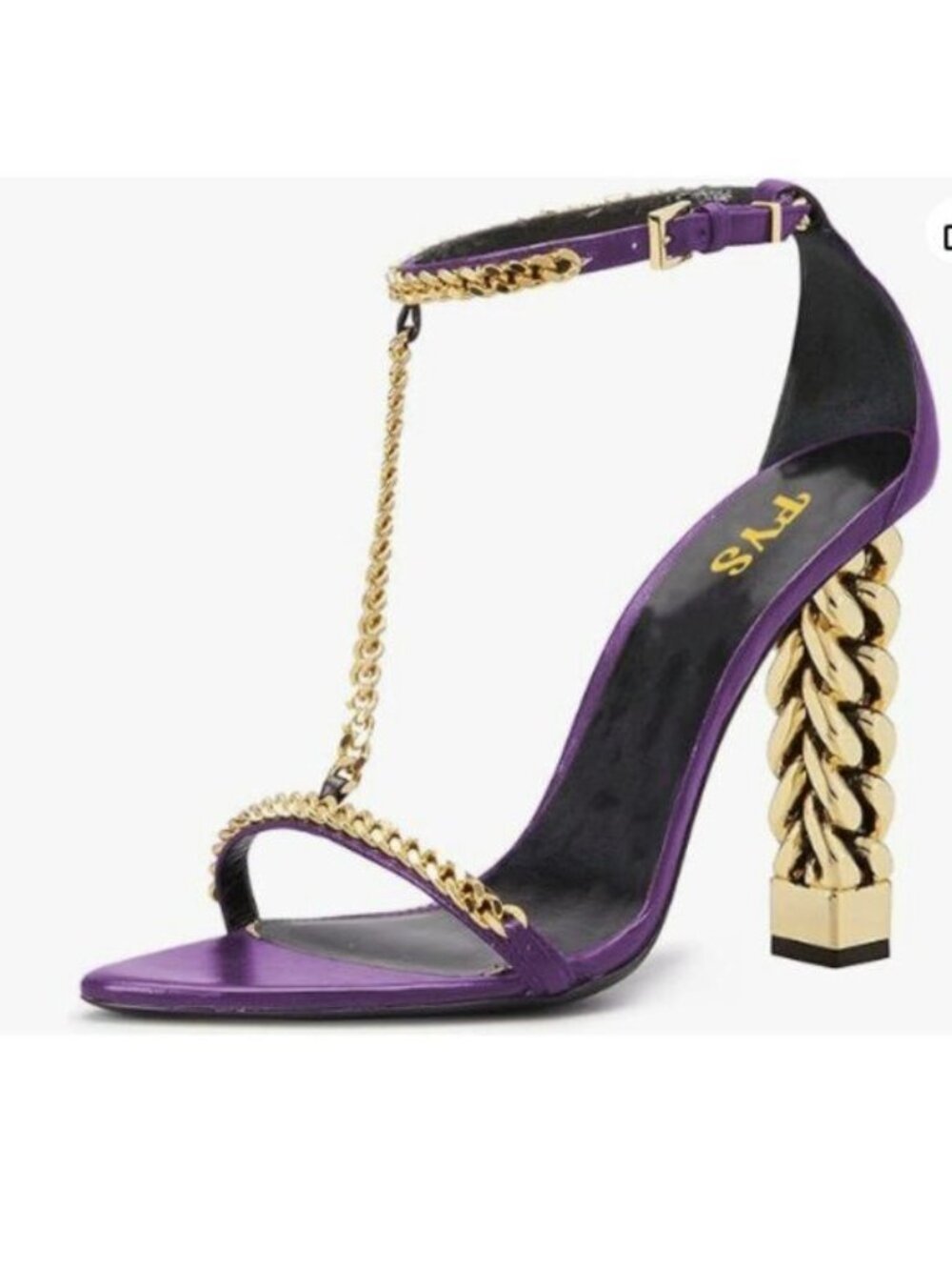 FYS Women Stylish Chain T-Strap Sandals Open Toe Gold Metal Chunky High Heel